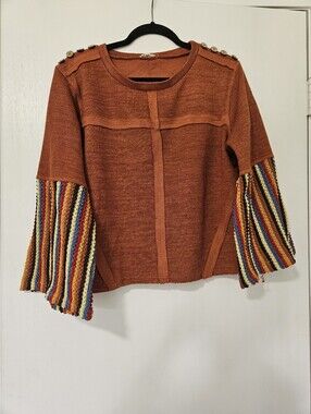 POL Boho Orange Knit Top Size S Multicolor Striped Wide Sleeve Button Shoulder
